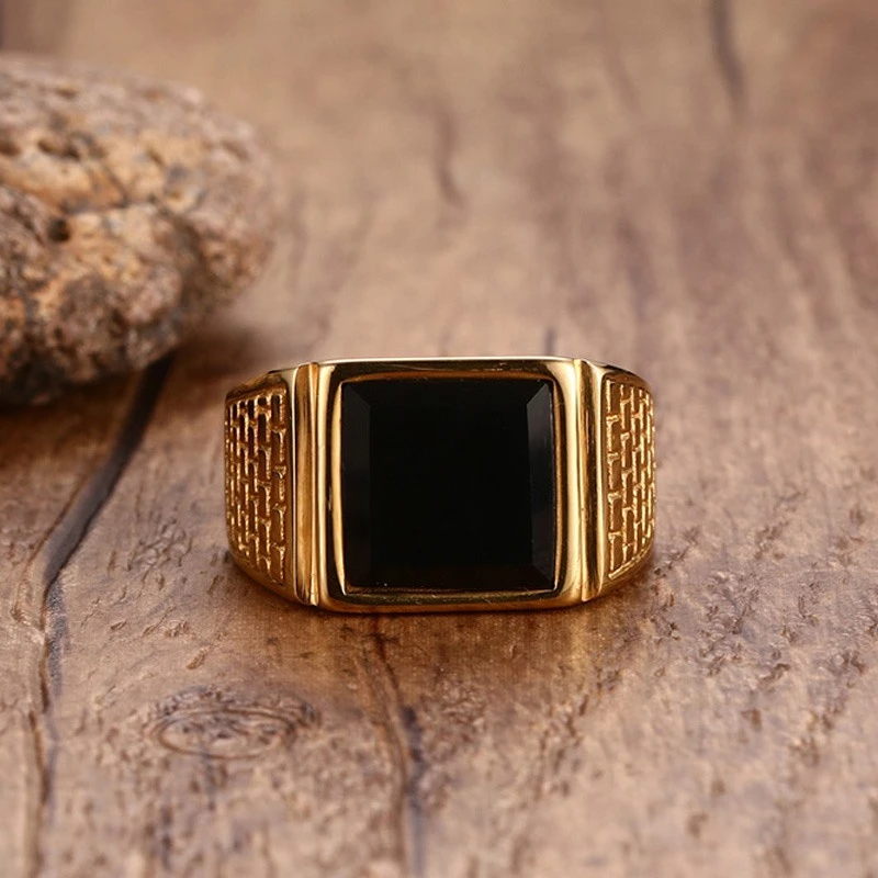 Vintage Square Gold Color Ring For Men Black Stone Stainless Steel Male Jewelry Big Size 7 To Size 13Amazing Price