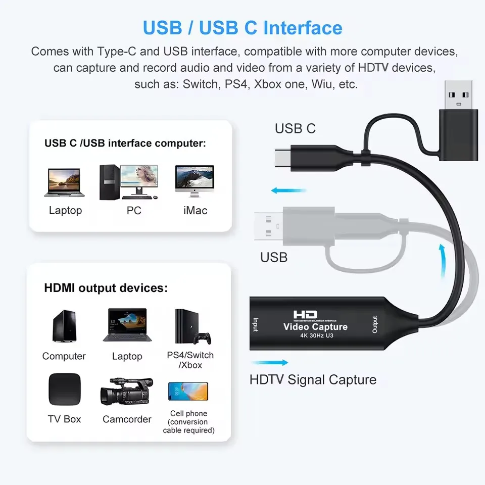 4K HDMI Video Capture Card 1080P HDMI to USB2.0/3.0 Type-C 2 in 1 Game Grabber Record Capture Device for Live Switch Xbox PS4/5