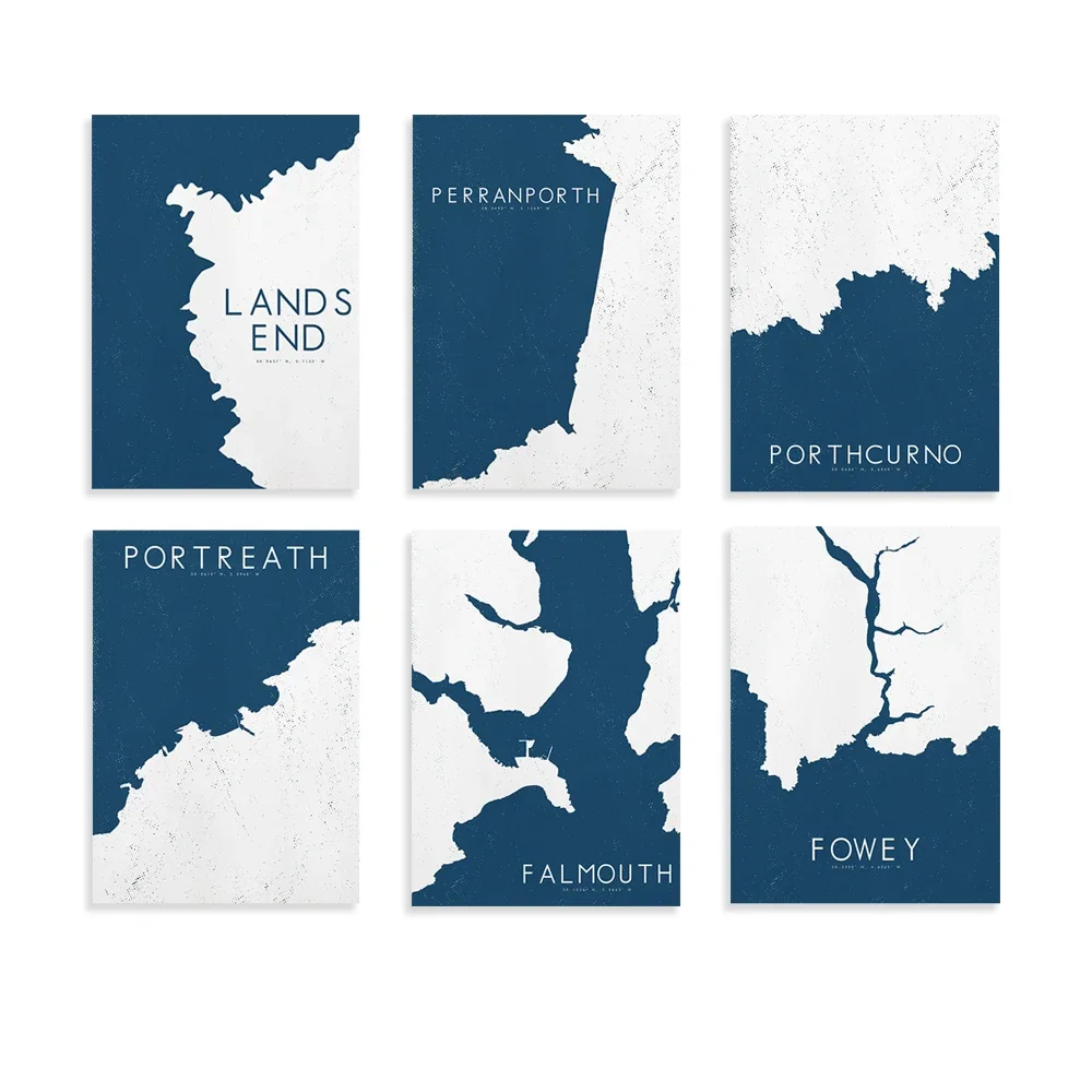 Bude, Portreath, Lands End, St Austell, Fowey, Port Isaac, Fistral, Isles of Scilly, Perranporth, Newki map poster coastal art