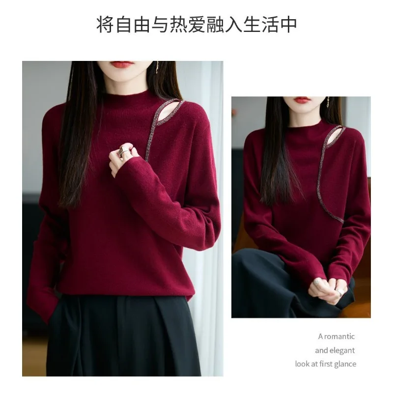 Halve coltrui gebreide wollen dieptepunt herfst winterstijl mode high-end trui met lange mouwen en holle sleutelbeen dames