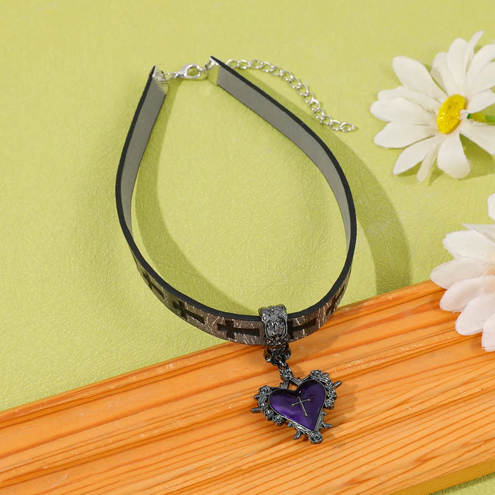 Punk Gothic Faux Leather Choker Embossed Cross Pattern Strap Ornate Purple Heart Cross Pendant Dark Grunge Jewelry