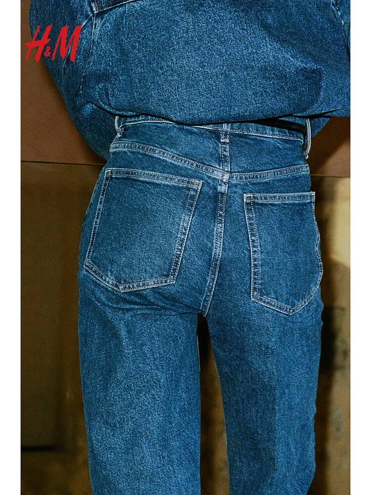 جينز بخصر عالٍ وساق مستقيمة للنساء، موضة شتوية، تصميم كلاسيكي من H&M، بنطلون طويل من القطن 99% وسباندكس 1%، دنيم نسائي فاخر
