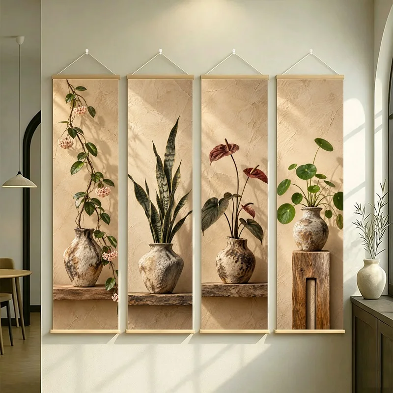 Wall Art Anthurium and Snake Plant, Serene Wabi-Sabi Botanical Silver Shimmer Canvas Hanging Scroll for Peaceful Tea Room