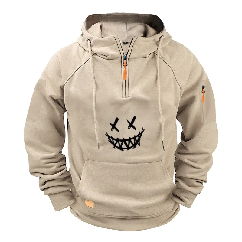 

Autumn and winter men's wool zipper multi-pocket sweater, loose and casual graffiti ghost face printed sportswear puller