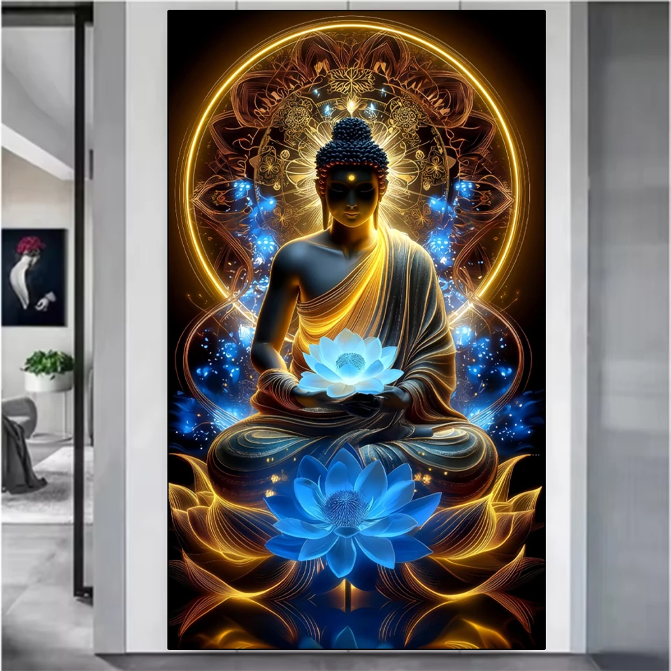 5D Diamond Painting Lotus Buddha Statue Full Square Circular Mosaic Flower Embroidery Cartoon Embroidery Wall Decoration