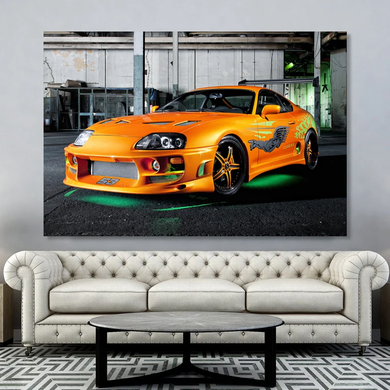 Supercar Posters Toyotas Supra With Green Neon Lights Orange Car Picture Canvas Painting Wall Art Prints Home Room Decorations
