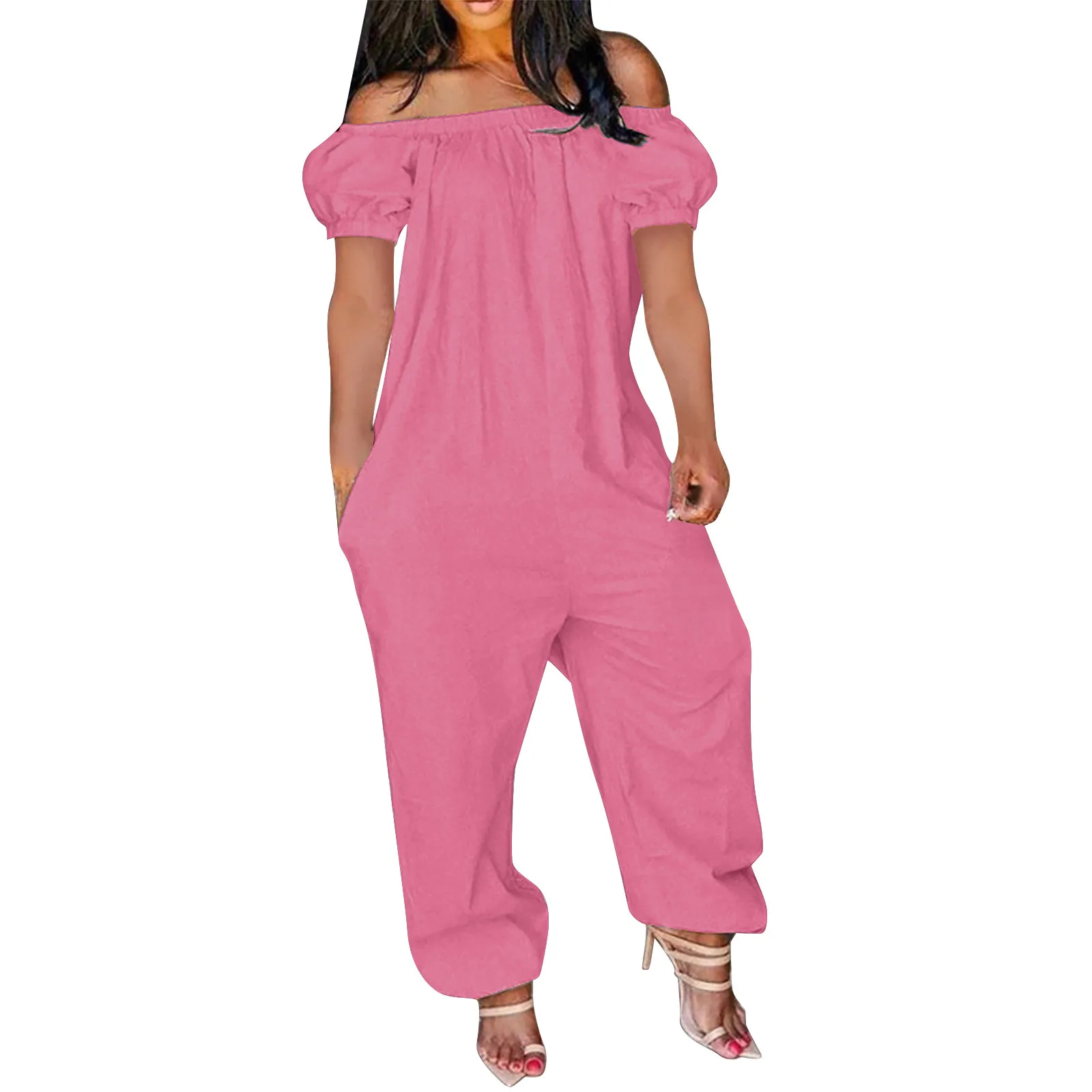 Women's Comfy Stretch Pull On Off Shoulder High Waist Wide Leg Pants Long Fashion Jumpsuit Romper