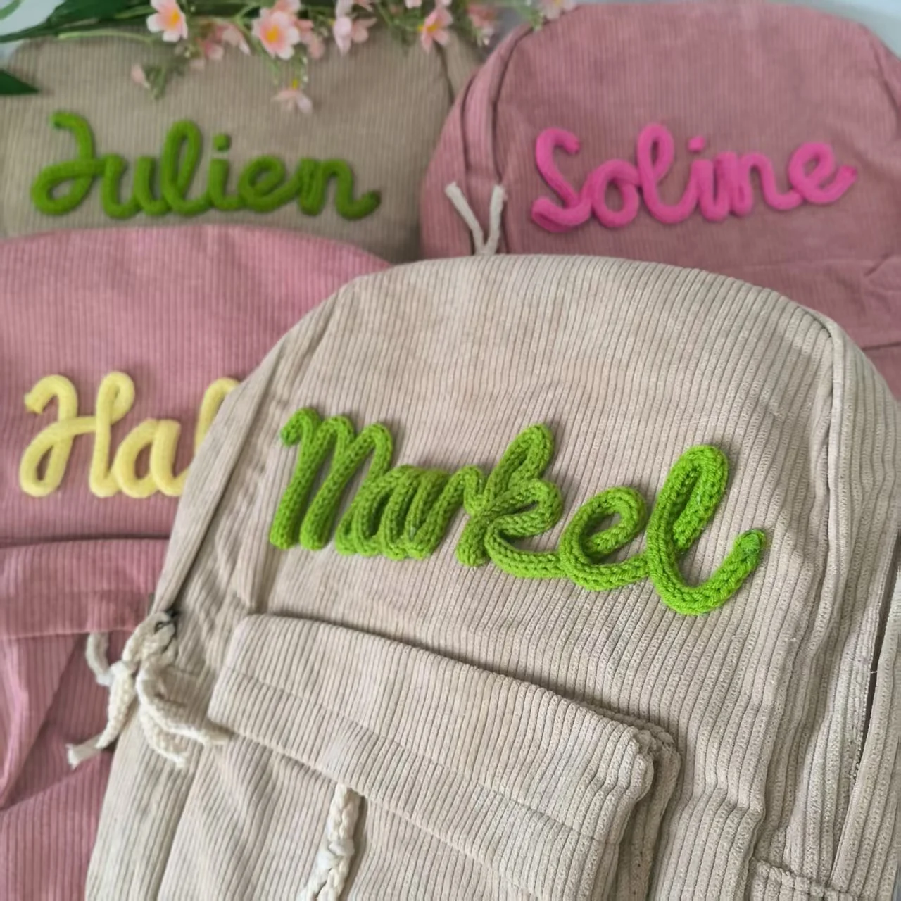 

Customized Name Toddler Backpack Custom Handmade Embroidery Corduroy Large Capacity Backpack Embroidered Name Backpack for Kids