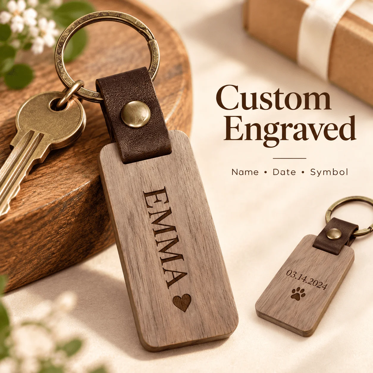 Custom Walnut Wood Keychain, Personalized Gift