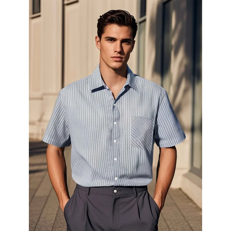 

2025Summer European and American Casual Design Striped Turn-down Collar Short Sleeve Shirt Single-breasted Men's Shirt