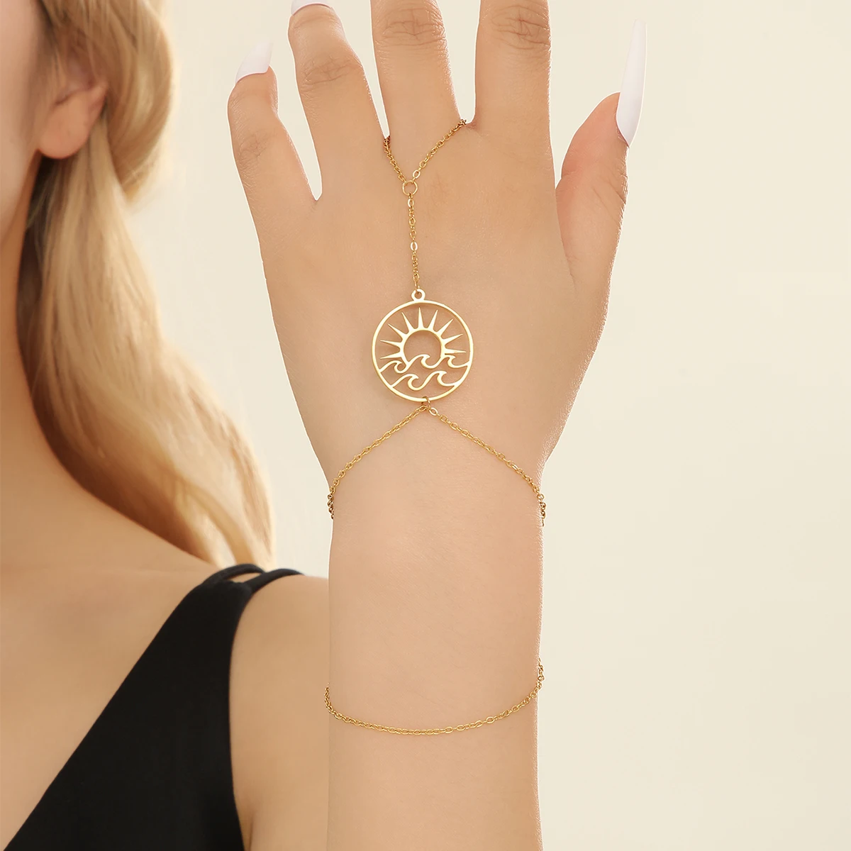 QIAMNI Chic Creative Ocean Wave Sun Rise Finger Tassel Chain Fashion Bracelet Ring Girlfriend Hand Harness Jewelry Birthday Gift