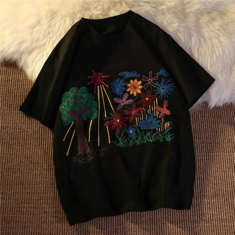 Camiseta de gran tamaño para mujer, ropa de calle con estampado de flores hermosas, Tops casuales de manga corta, camiseta negra para mujer, ropa Punk Y2k