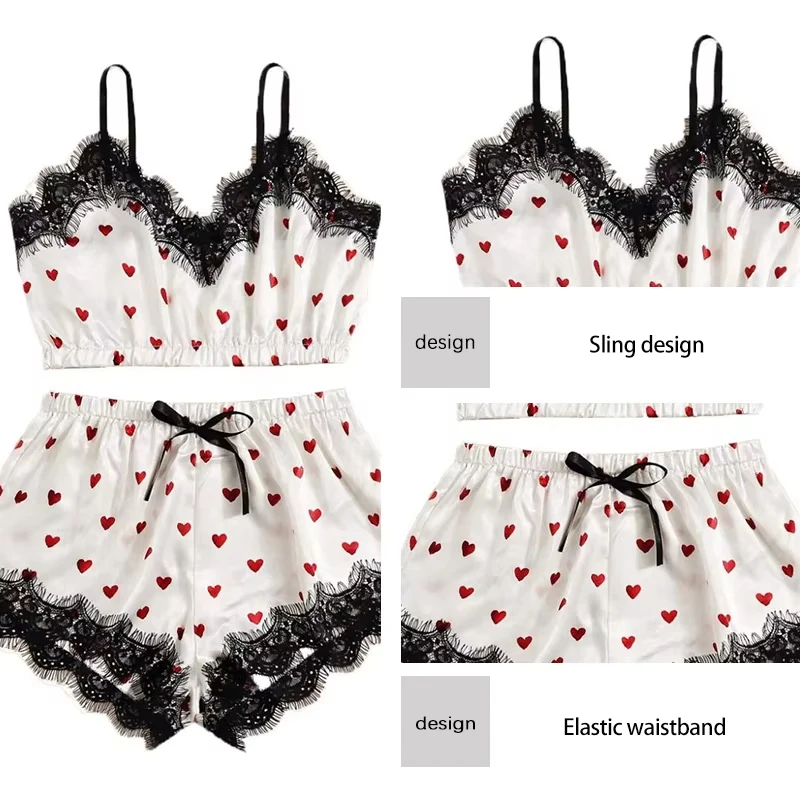 

2PCS Pajama Suit Women Fashion V-Neck Stretch Satin Lace Sexy Lingerie Bowknot Pyjamas Sleep Shorts Set Sleepwear Sling Set New