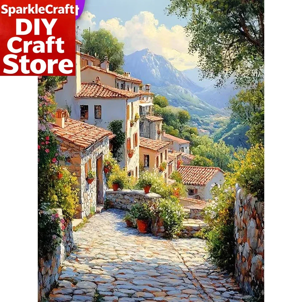 

1PC frameless Diamond Embroidery Village Landscape Rhinestones Picture Mosaic House New Arrival Painting Mountain Tree Home Dec