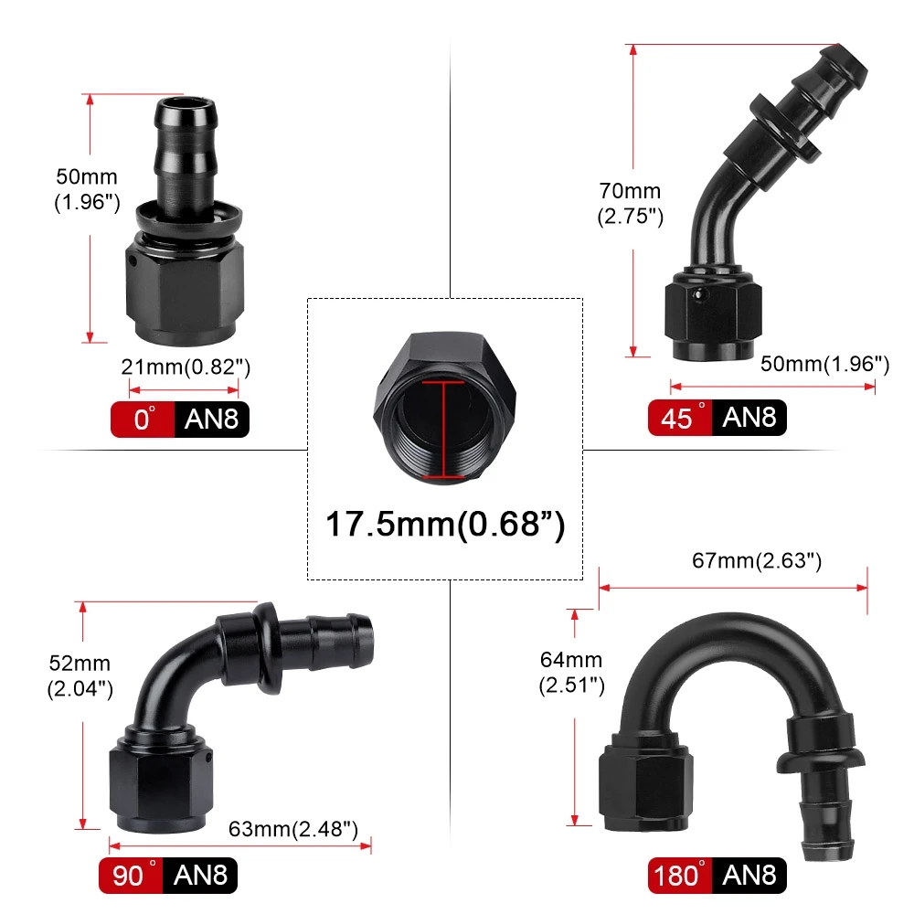 AN8 Oil Fuel Push On Lock Hose Anoized Aluminum Straight Elbow 0 45 90 180 Degree Hose End Oil Fuel Reusable Fitting Black