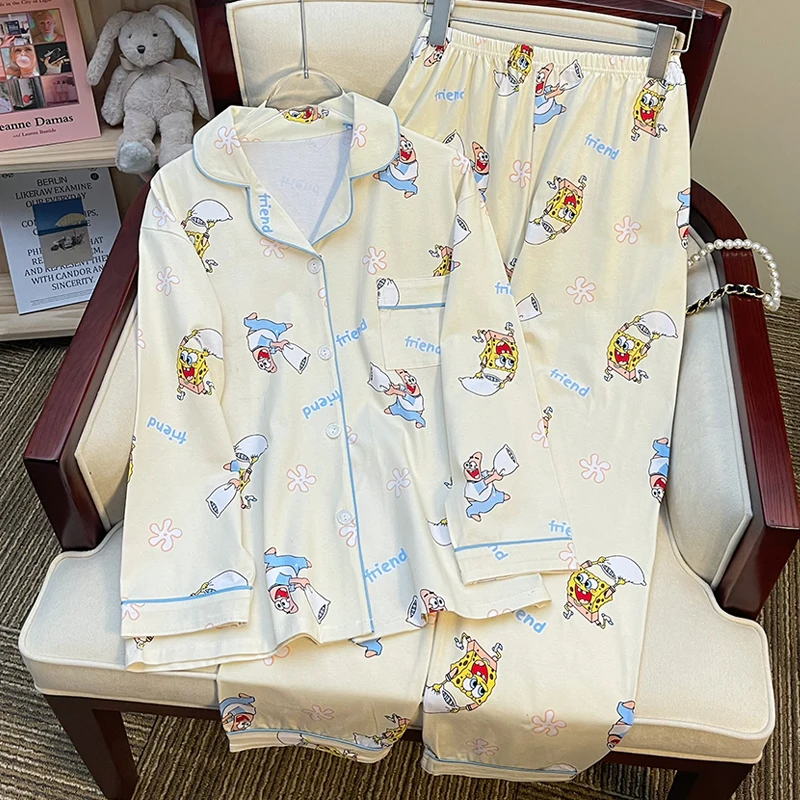 2023 New Ice Silk Soft Autumn Sleepwear Cartoon Printing Sleepwear for Women Fallow Cardigan Long Sleeve Pajamas Home Wear