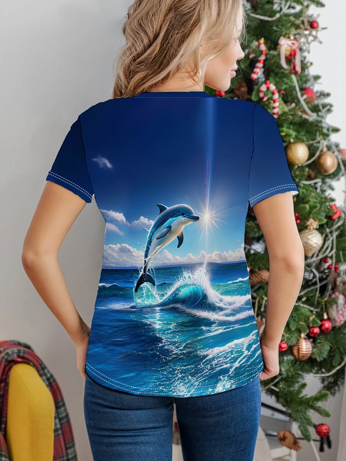 Dolphin Print Crew Neck T-Shirt, Casual Short Sleeve Top For Spring & Summer, Women\'s Clothing