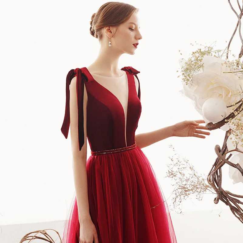 

Wine Red Velour Tulle Patchwork Evening Dress Bandage Bow Deep V-neck Spaghetti Strap Wedding Dresses Fashion Sexy Prom Gown
