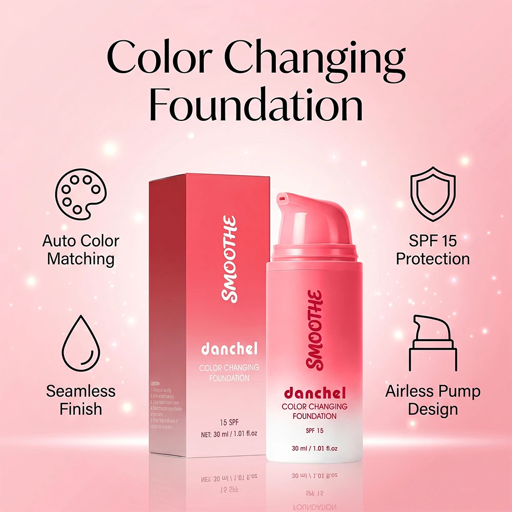 Color Changing Foundation SPF15 Long Lasting Lightweight Hydrating covers pores Buildable Coverage Daily Makeup Base