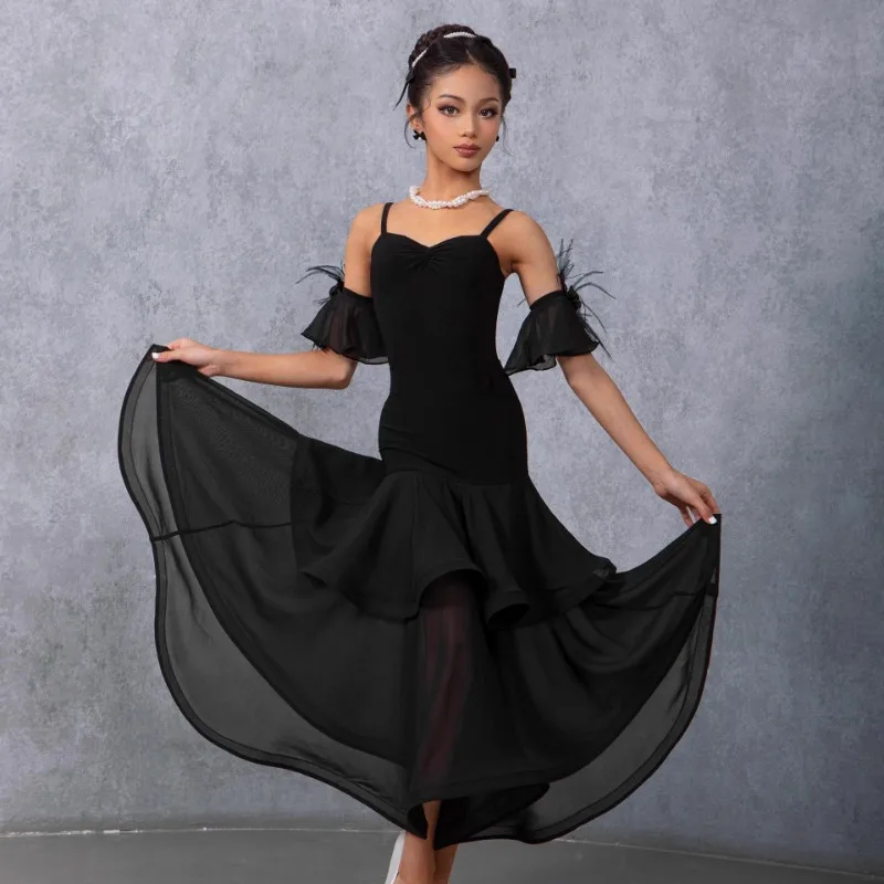 소녀의 라틴 현대 표준 댄스 의상의 맞춤형 2피스 세트 볼룸용 더블 레이어 대형 스윙 스커트 트레이닝 슈트