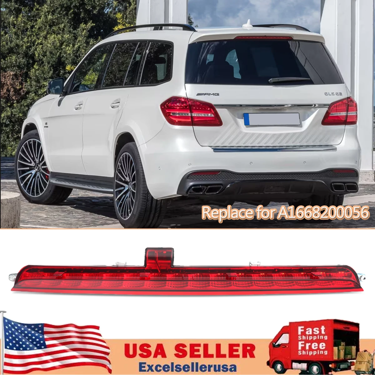 

Rear Upper Red Tail High Mount Third Brake Stop Light Assembly Compatible For Mercedes-Benz GL-Class W166 X166 Replace for 1668200056