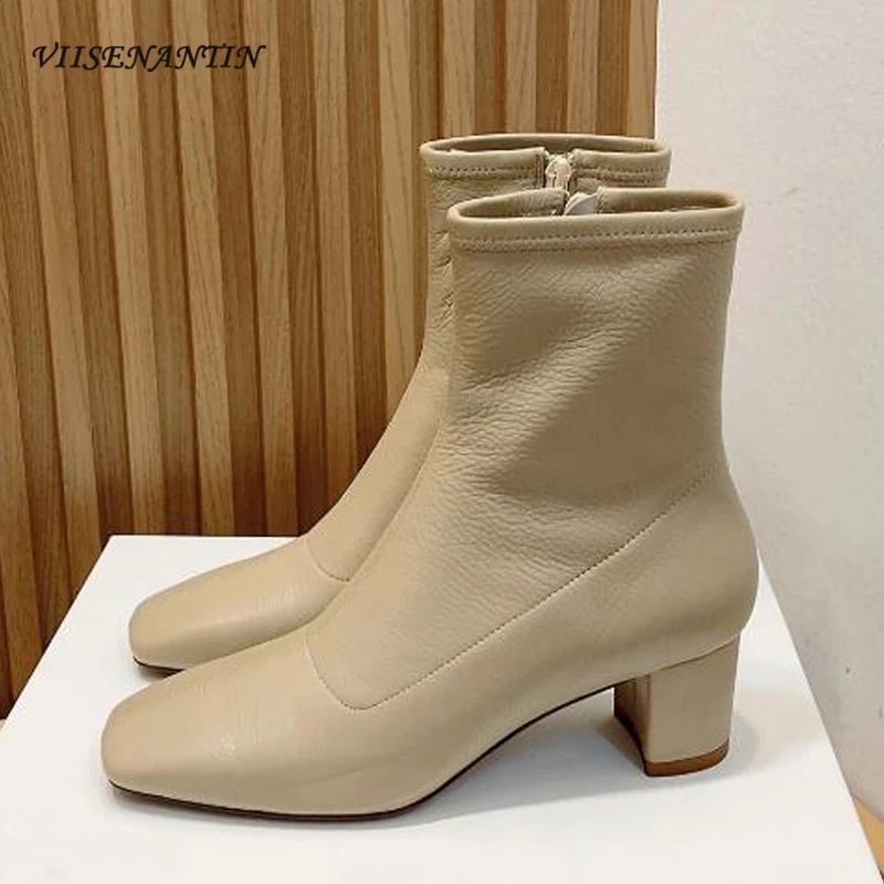 

Sheepskin Leather Women Elegant Fashion Chelsea Bota Squared Toe Chunky Heel Comfortable Dress Shoes Daily All Match Sapatos