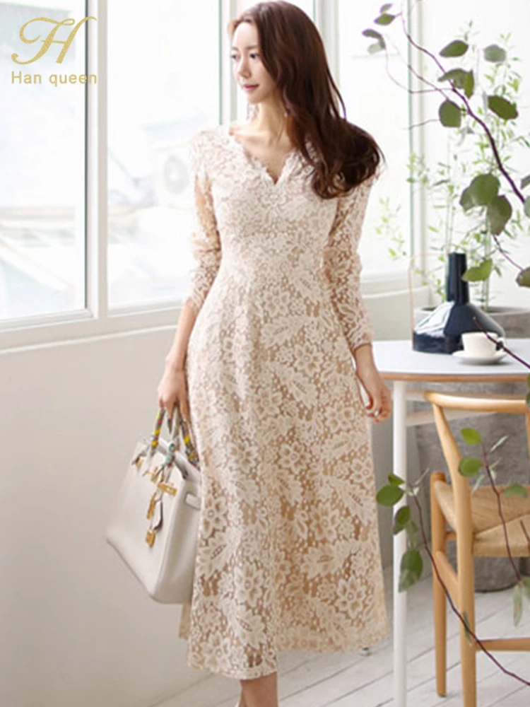 H Han Queen Temperate A-line Lace Dress Women Spring Full Sleeve Long Swing Dresses OL Special Occasion Evening Party Vestidos