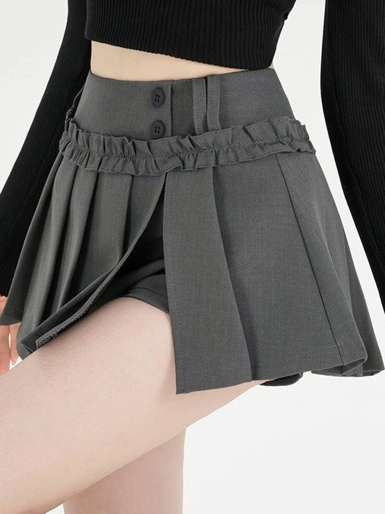 

Женская плиссированная мини-юбка с рюшами в стиле преппи, с высокой талией, сексуальная, модная, корейская, с разрезом, весна-лето, приталенная, А-силуэт