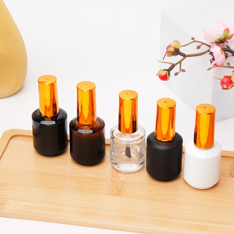 Bouteille vide de vernis à ongles de 15ml, avec brosse, couvercle doré, recharge, bouteille de colle, petits échantillons, conteneurs de vernis à ongles en verre