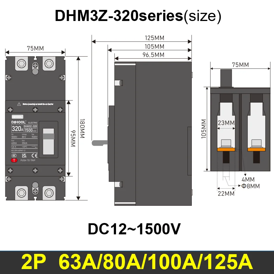 DC MCCB Molded Case Circuit Breaker 2P 12V 24V 1000V 1500V 100A 200A 250A 400A 630A Battery Photovoltaic System Protector