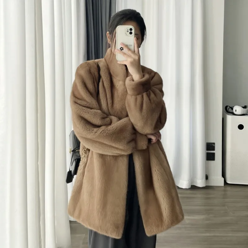 2023 New Fashion Coat 100% Real Mink Whole Fur Women  Mid-Length  With Stand-collar Winter Thick Warm Female Natural Fur Jacket