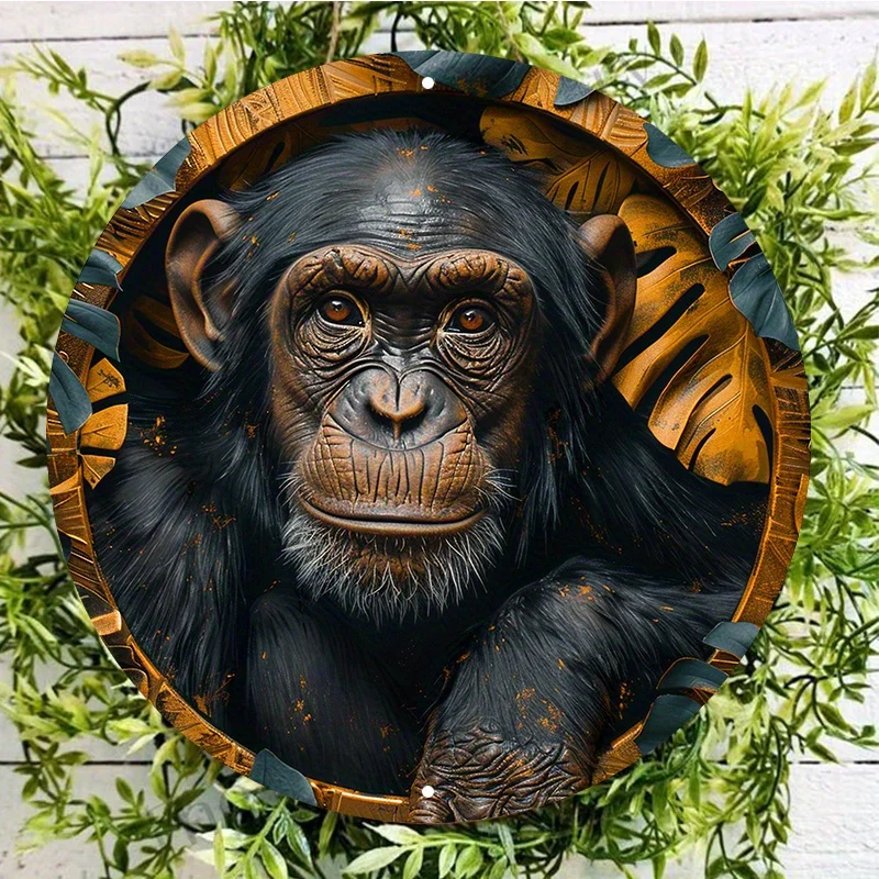 Chimpanzee-Canopy Leaves, Aluminum Sign, UV and Scratch Resistant, Easy-Hang, Outdoor and Indoor Decoration, Wall Art Home Decor