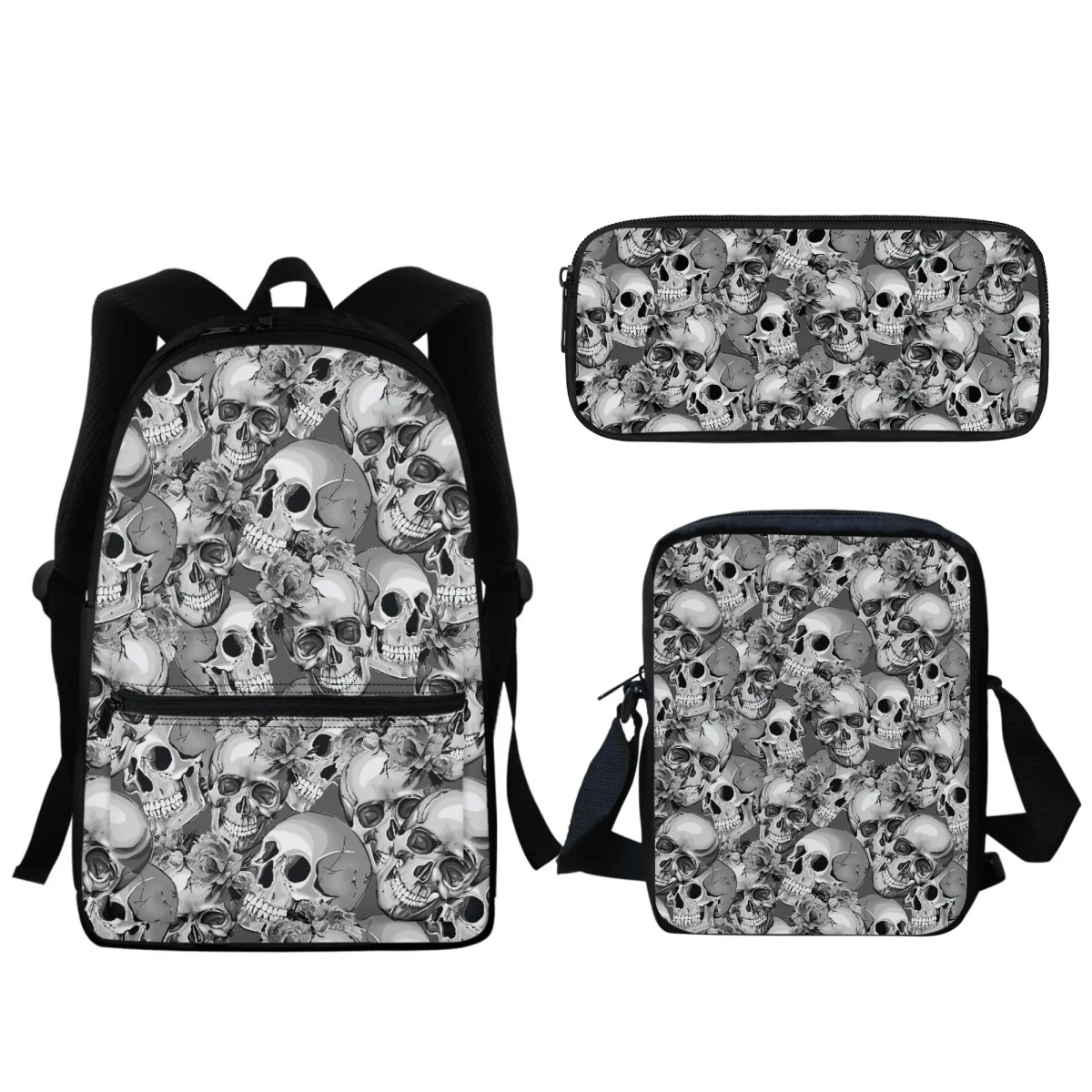 

3Pc Gothic Skull Design Backpack Teen Kids Casual Zipper Backpack Girls Back to School Bags Small Satchel Pencil Case Learning