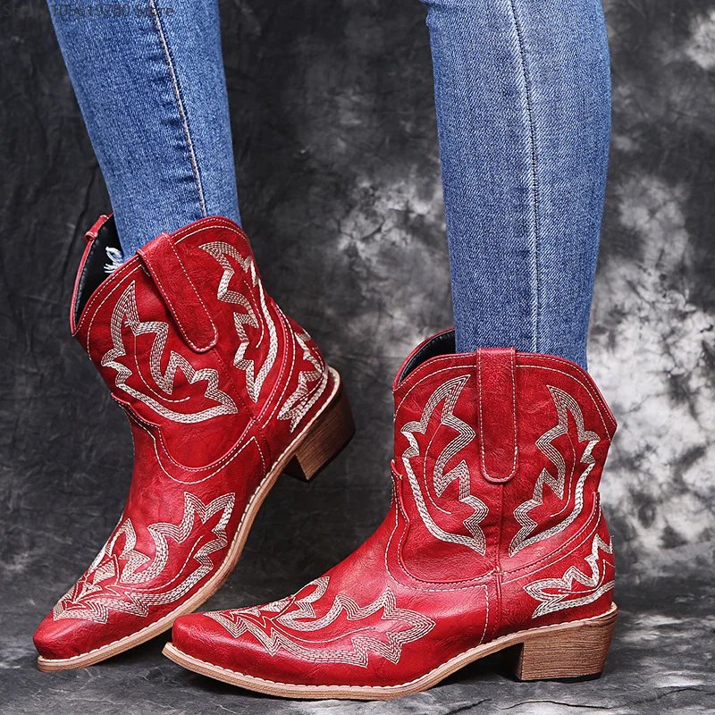 Pointed Toe Embroidered Boots Chunky Heel Short Leather Booties Cosplay Role-Play Plus Size Autumn Winter Shoes For Women Adult 4