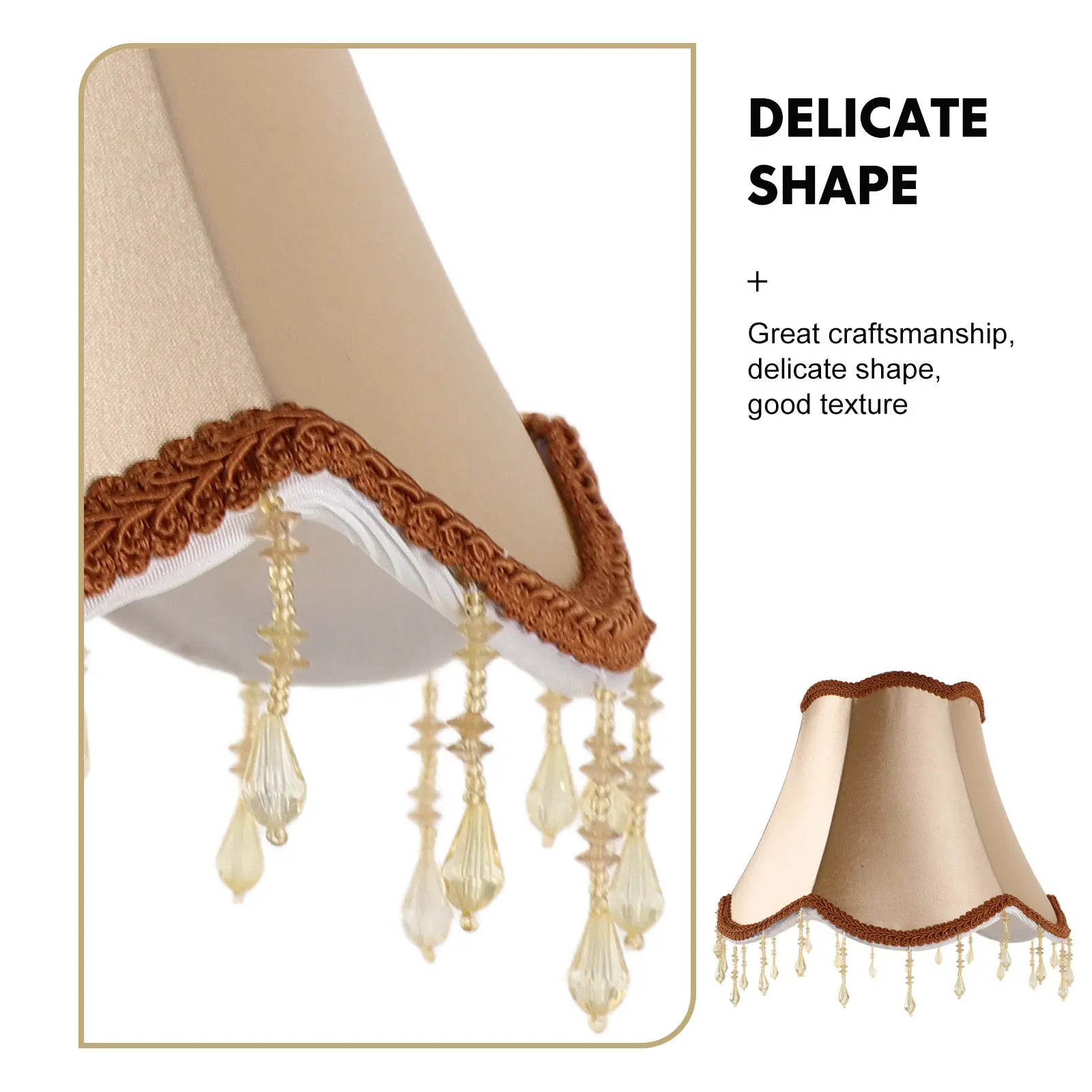 Vintage Bell Lampshade Beige Beaded Fringe Victorian Fabric Scalloped Lamp Shade for Table Floor Lamps Bedroom Living Room Hotel