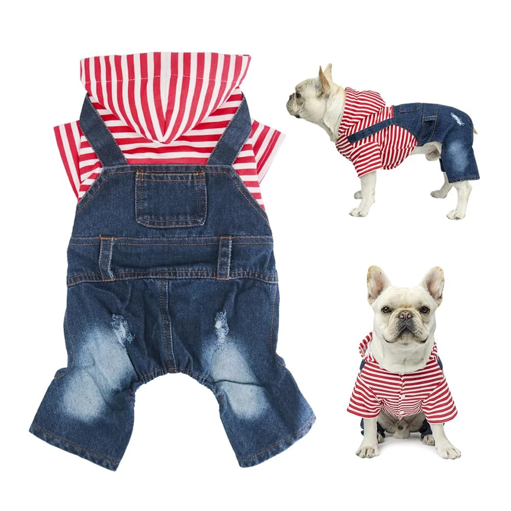 Small Dog Hoodie Clothes Stripe Shirts Denim Jumpsuit Outfit for Small Medium Dogs Cats Boy Girl Blue Jeans Overalls for Puppy