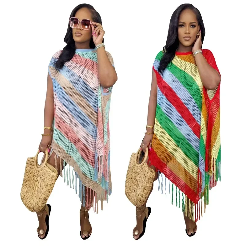 

Rainbow Striped Tassel Knitted Summer Beach Dress Women Fashion Inclined Shoulder Loose Casual Asymmetrical Fringed Cover Ups