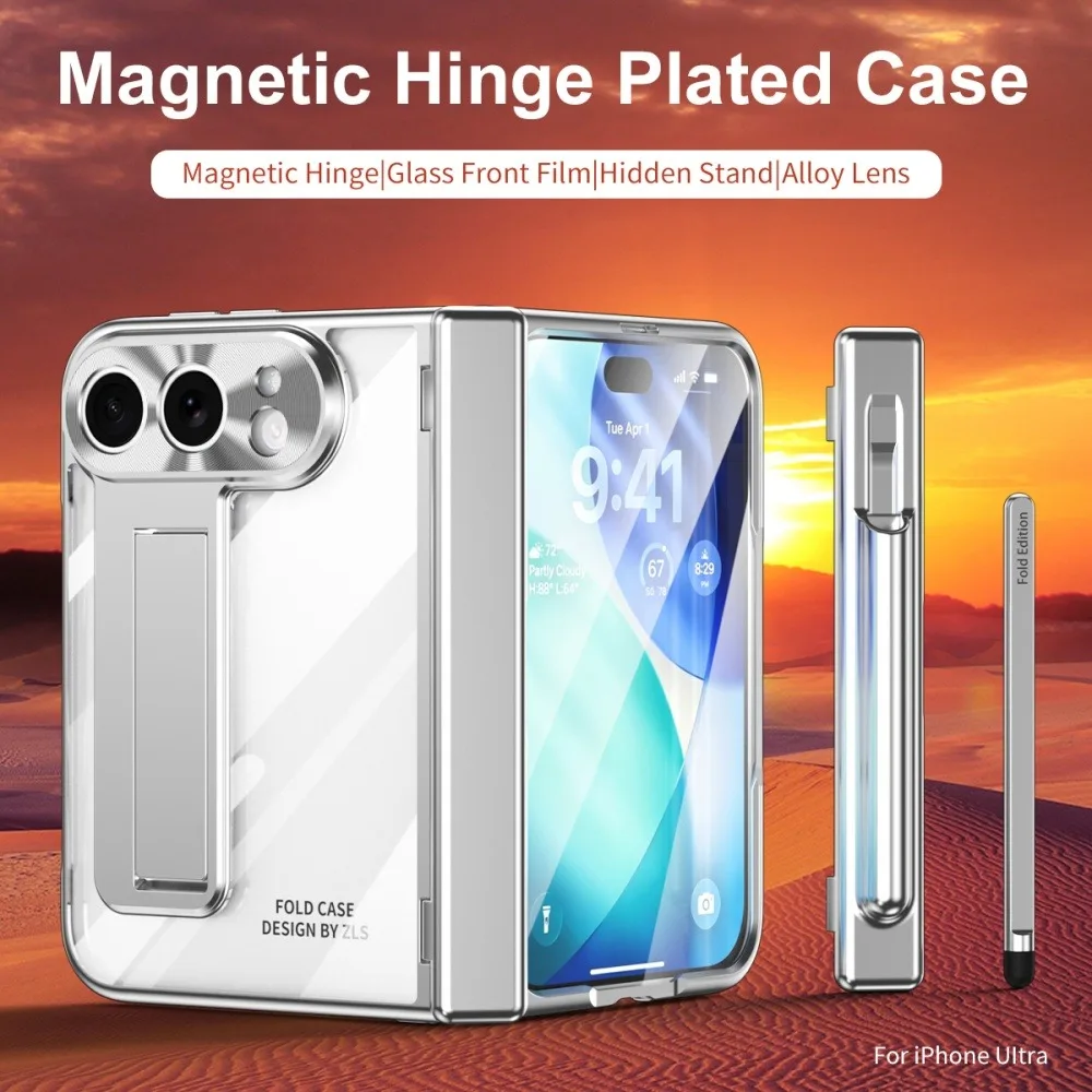 Coque de protection transparente avec charnière magnétique et fente pour stylet, revêtement de qualité supérieure, pour iPhone Duo 18, avec béquille pliable et film de protection d'écran en verre, protection intégrale.