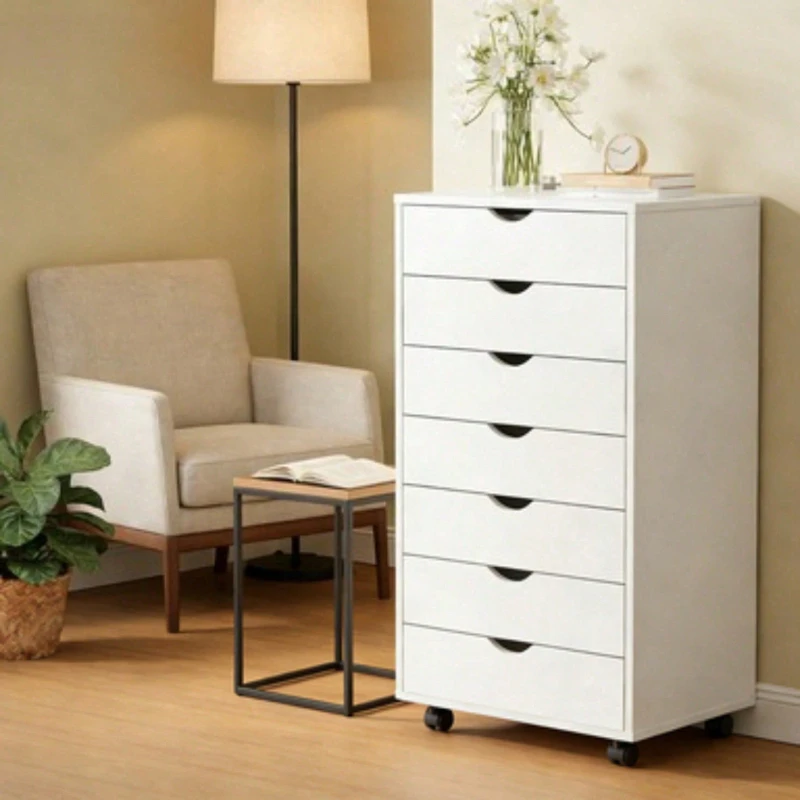 7 Drawer Portable Storage Cabinet on Wheels for Office Bedroom Home Organization White