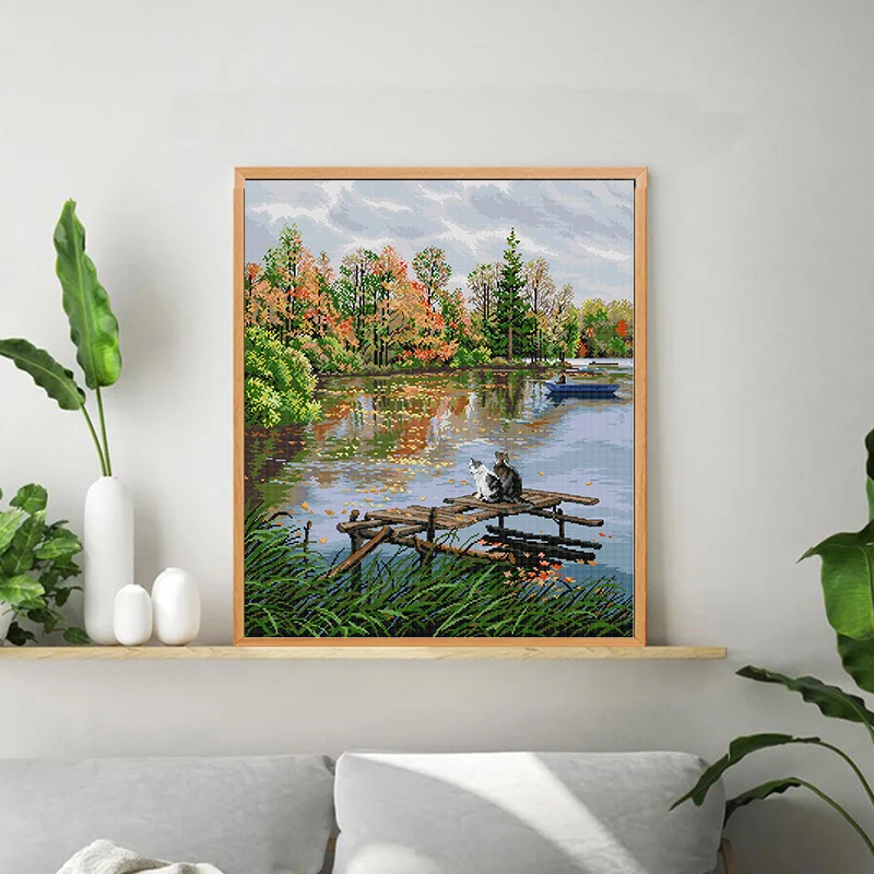 Joy Sunday Riverside Landscapes Cross Stitch DIY Haft Cat View Print Liczone robótki Diy Malarstwo Dekoracja domu