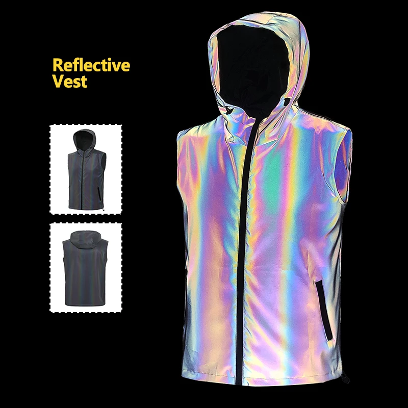 

Ночной светоотражающий жилет, мужская модная яркая танцевальная одежда в стиле хип-хоп, красочная уличная куртка без рукавов с капюшоном для бега и велоспорта