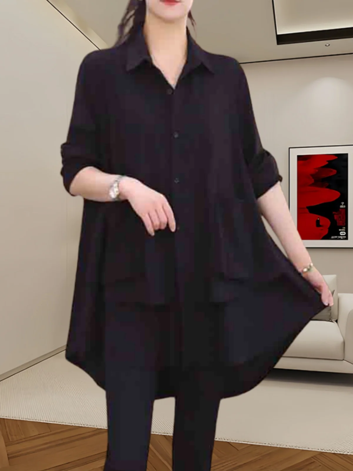 

Женская рубашка средней длины с воротником, длинным рукавом, черная, повседневная, дышащая, свободного кроя, однотонная, прикрывающая бедра, весна-лето