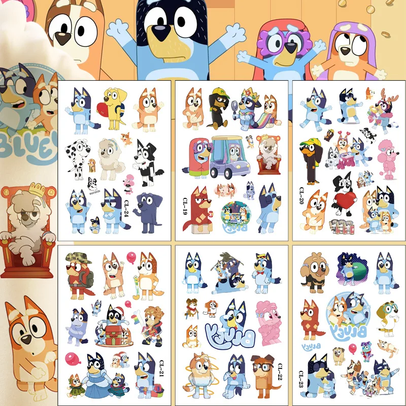 6sheet/set Bluey Tattoo Stickers Children Temporary Fake Tattoos Paste on Face Arm Leg for Kids Birthday Christmas Gift