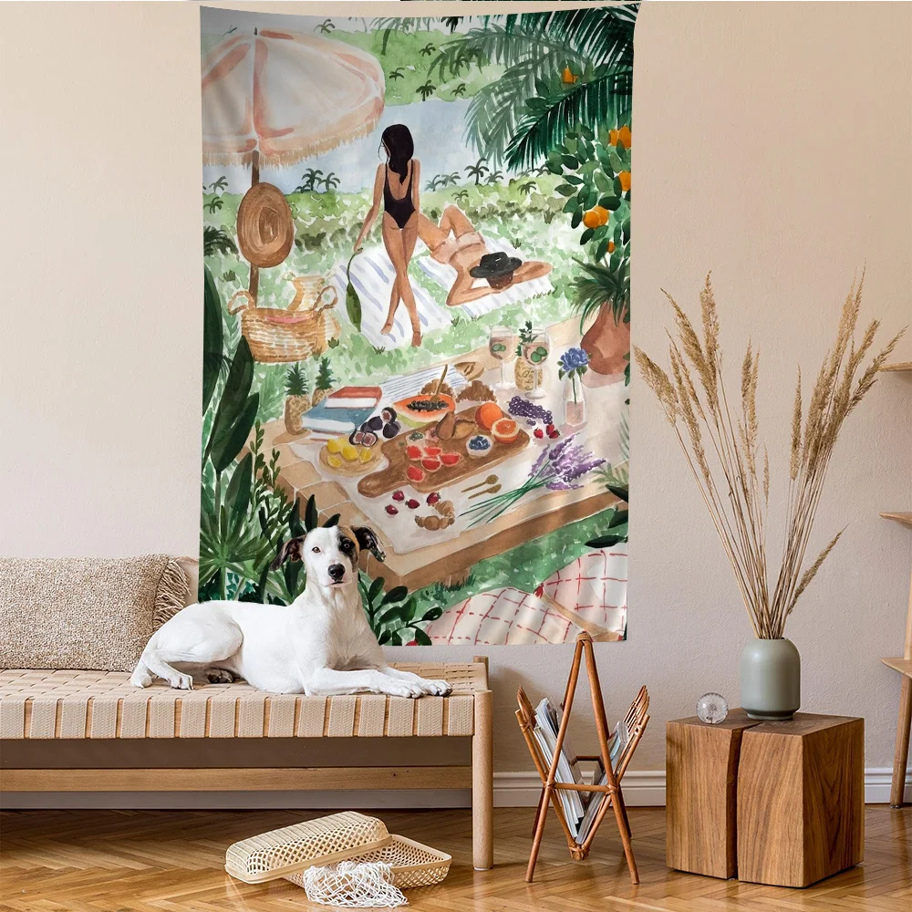 VIKAMA Sommer Tropischer Aquarellkunst Wandteppich Pool Urlaub Mori Garten Niedliche Wohnzimmer Raumdekoration im skandinavischen Stil