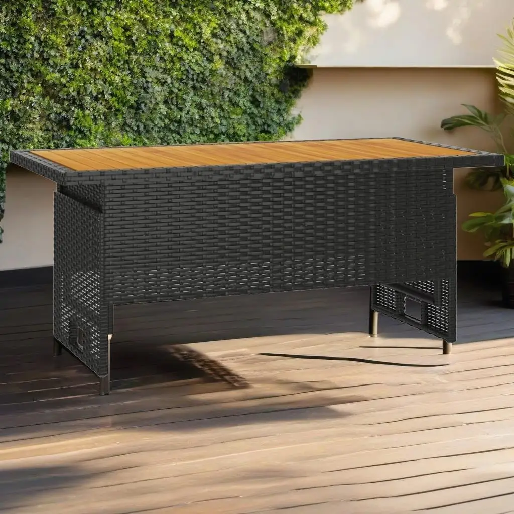 39.4x19.7x16.9/24.8 Inch Black Patio Table - Solid Wood Acacia & Poly Rattan Outdoor Furniture