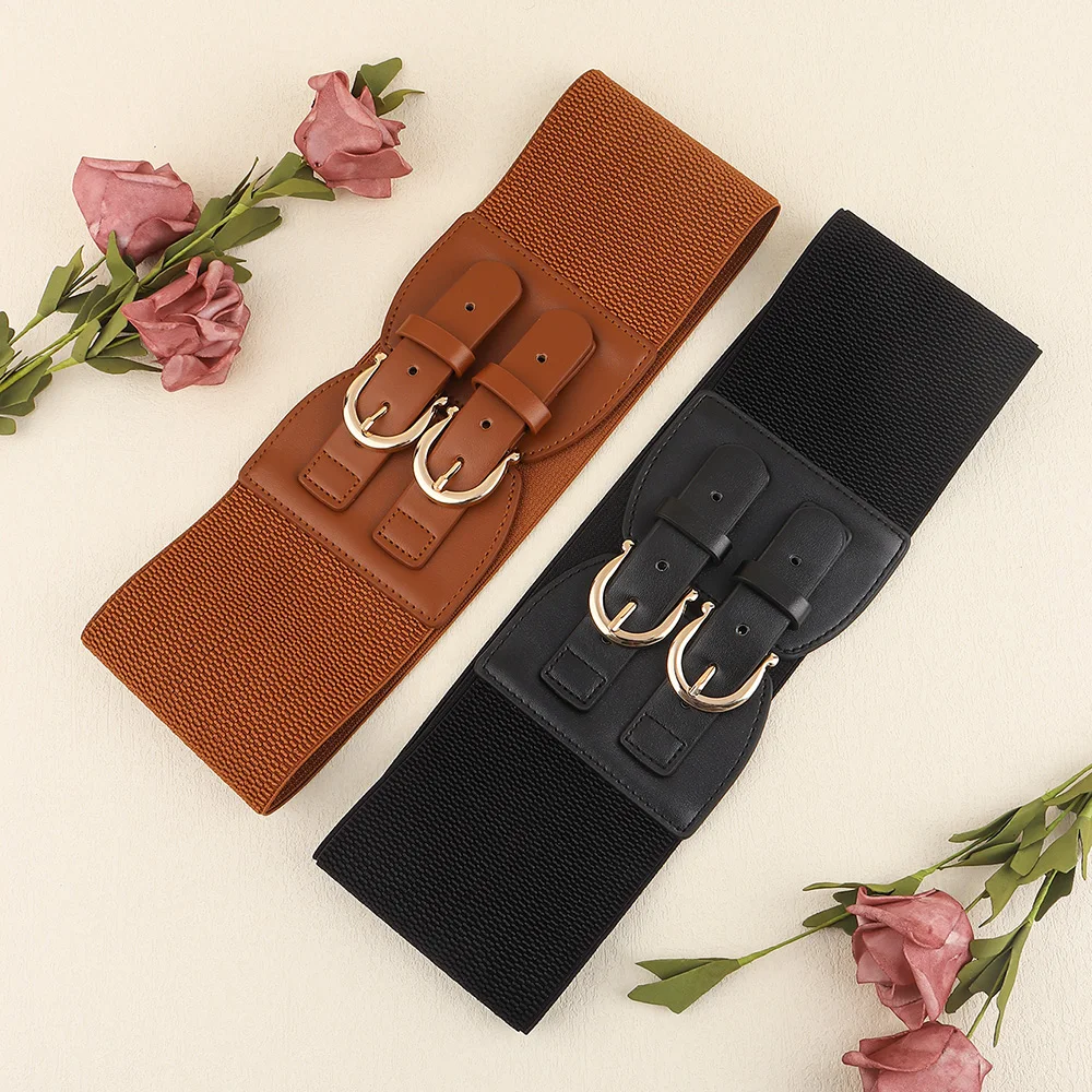 High sense retro pin buckle waist seal elastic elastic wide  display picture 2