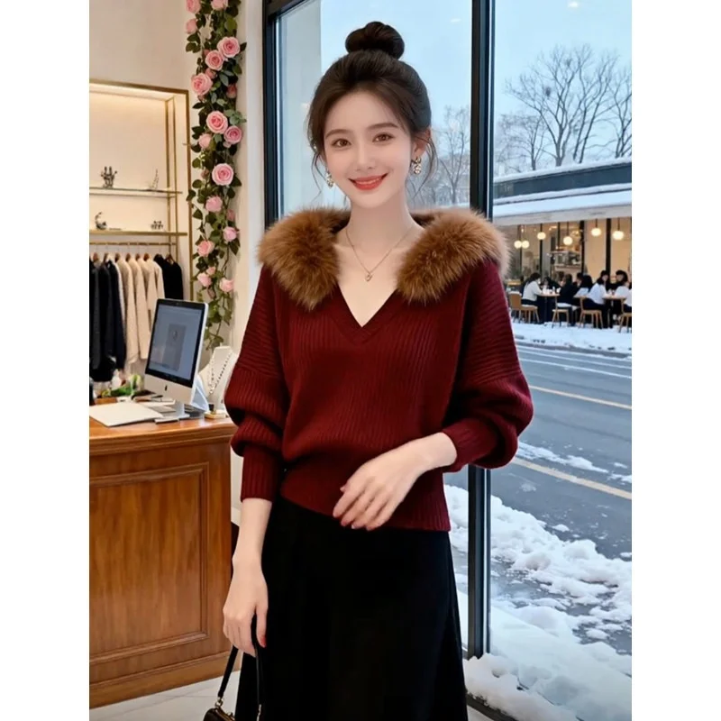

2026 Autumn Winter Women's V-neck Knitwear Loose Fit Casual Style Wine Red Color Comfortable Feeling Fashionable Tired Style