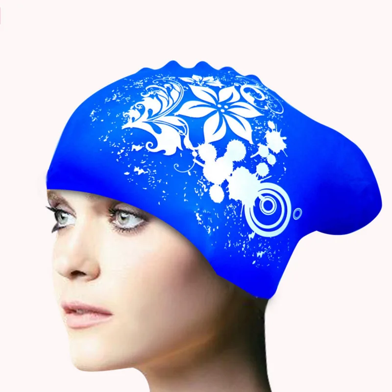 Fashion Silicone Swimming Cap Waterproof Long Hair Women Female Flower Printed Swim Pool Bathing Caps Hat Protect Ears Plus Size