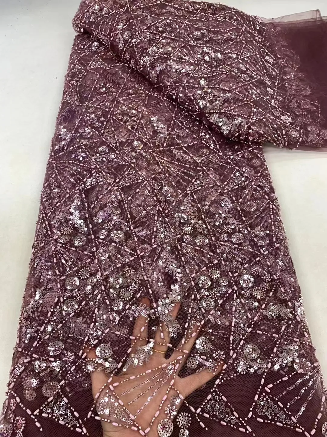 Brown 2024 High Quality African Nigerian Tulle Lace Fabric Sequins Embroidery French Guipure Wedding Party Dress Beaded 5Yards