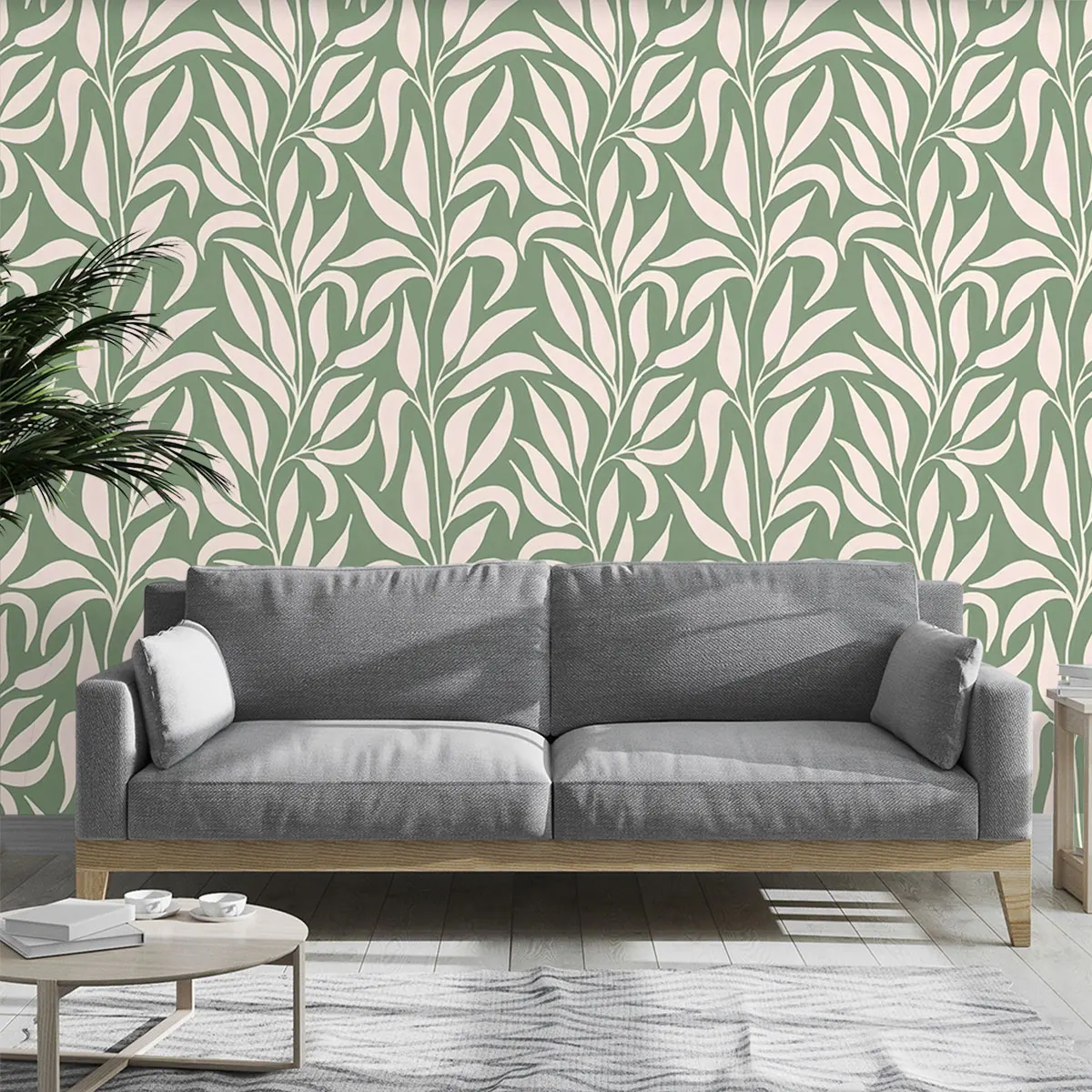 Cyclic Wallpaper White Pink Branches Leaves Green Background Cover up Unappealing Areas Decorative Roll for Home Improvement